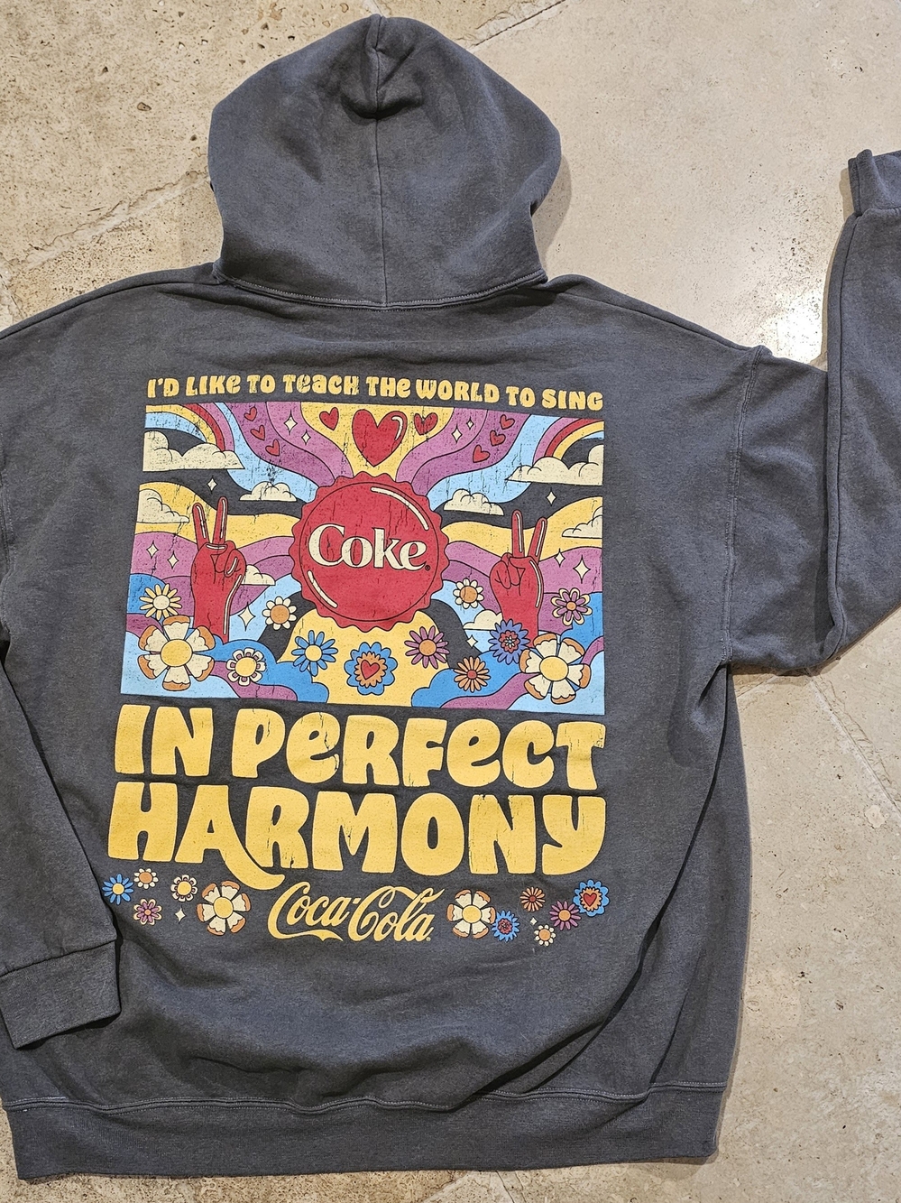 Coca Cola Charcoal Hoodie with Yellow, Red, Blue & Pink Retro Graphic XL